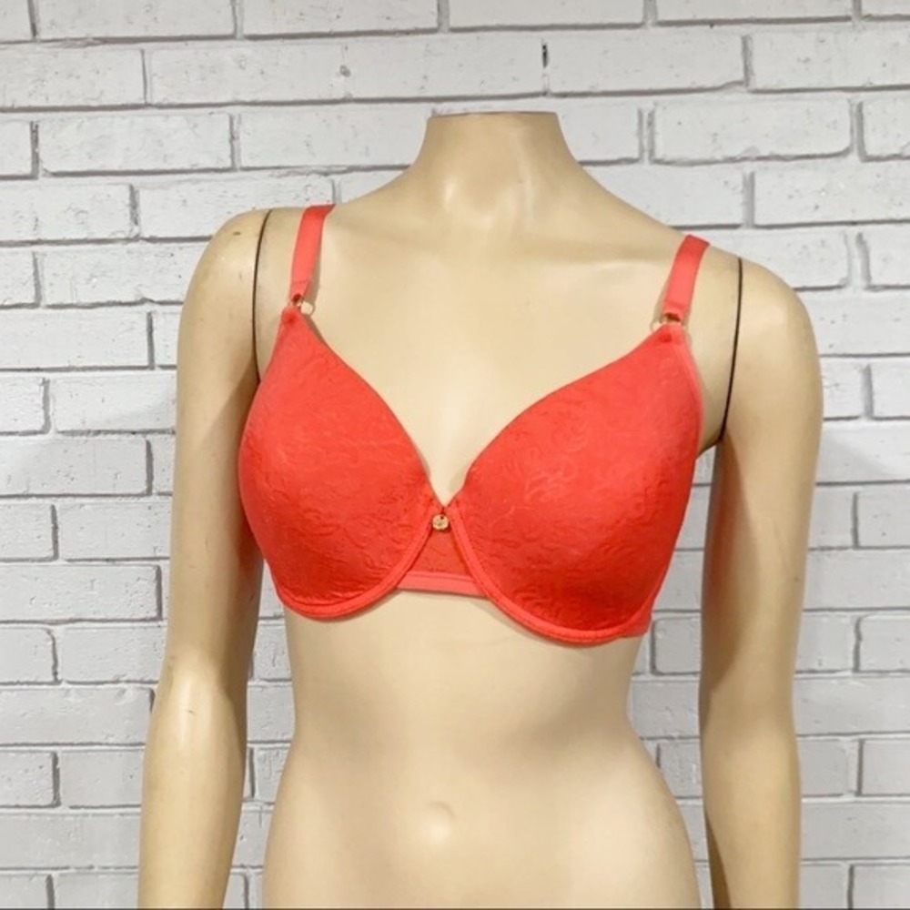 Natori Coral Orange Sheer Jacquard Full Contour Underwire Bra NWOT 32DDD
